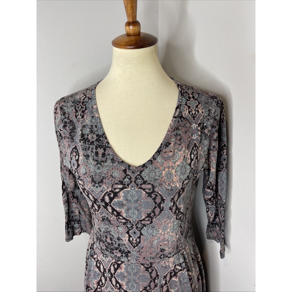 Peruvian Connection Gray Blue Pink 3/4 Sleeve v-neck Dress lightweight travel M - Picture 8 of 11